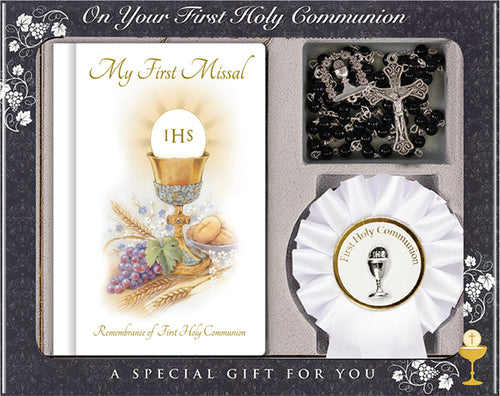 First Holy Communion Gift Set with Rosette & Black Beads