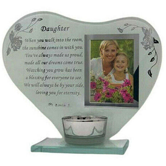 "Daughter" Glass Heart Frame With Tealight Holder & Inscription