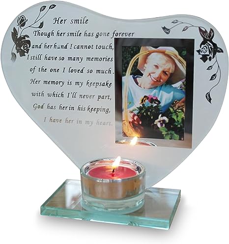 "Her Smile" Glass Heart Memorial Frame With Tealight Holder & Inscription