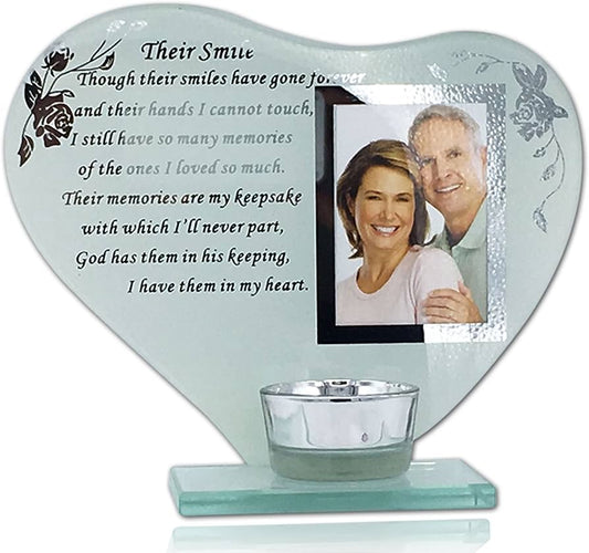 "Their Smile" Glass Heart Memorial Frame With Tealight Holder & Inscription