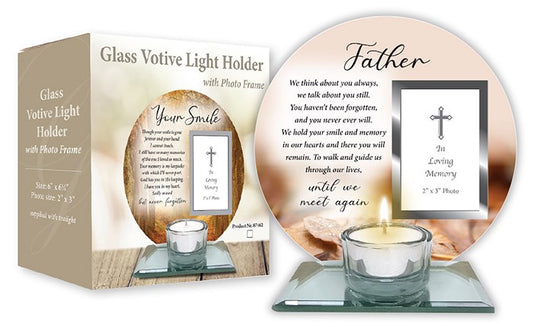 "Father" Glass Memorial with Tealight Holder & Inscription