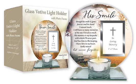 "His Smile" Glass Memorial with Tealight Holder & Inscription