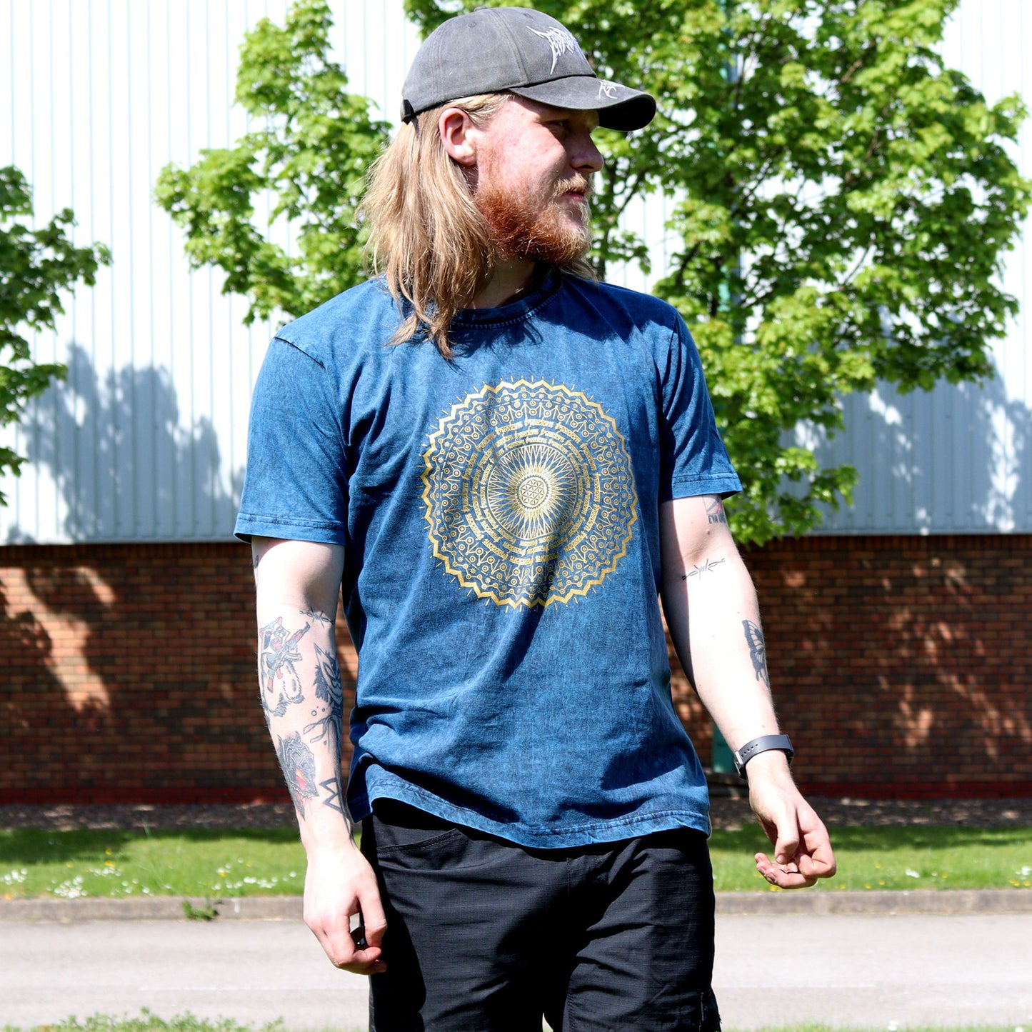 Large Stone Washed T-Shirt - Mandala - Blue