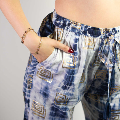 (ML) Nomad Sari On the Med Collection - Lounge Pants - Gold & Blue Greek Motiff - Handpainted