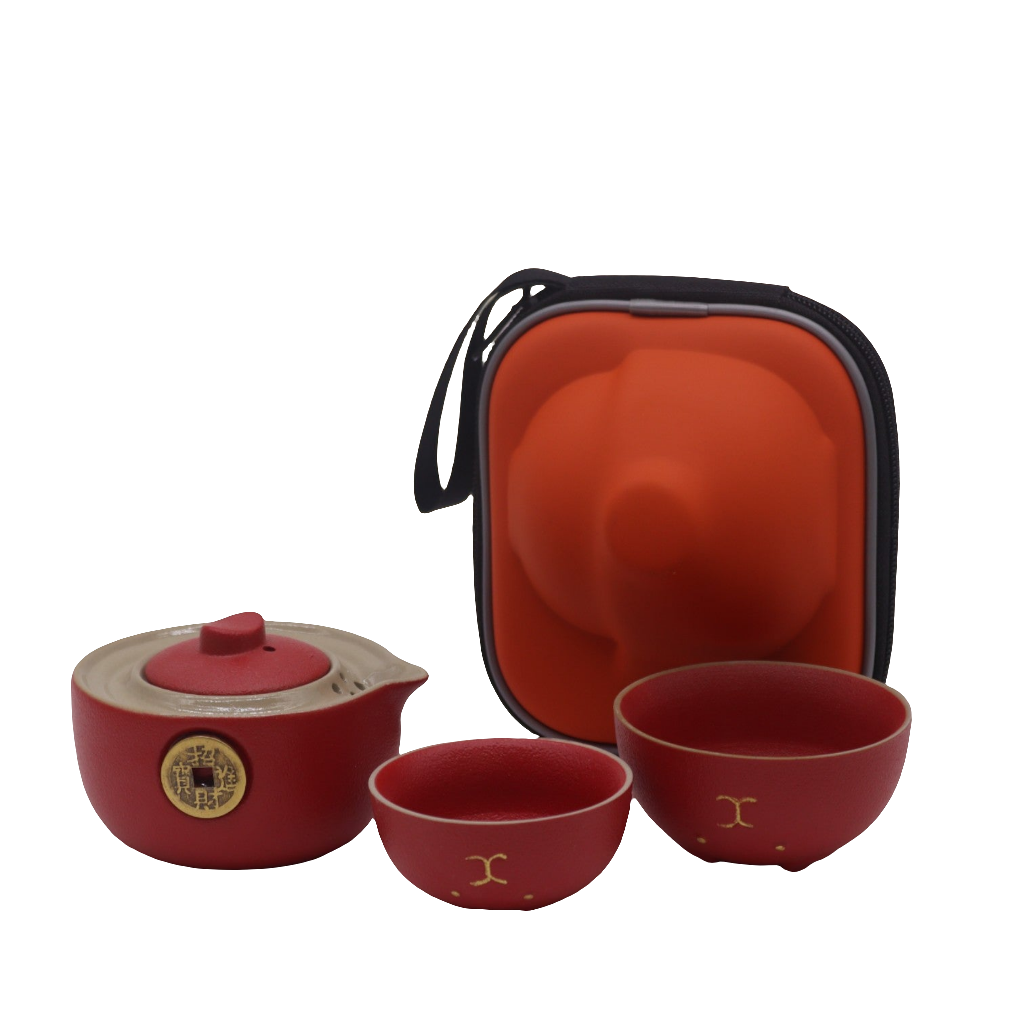 Money Cat Teapot Set - Two Cups - Travel Pack - Red