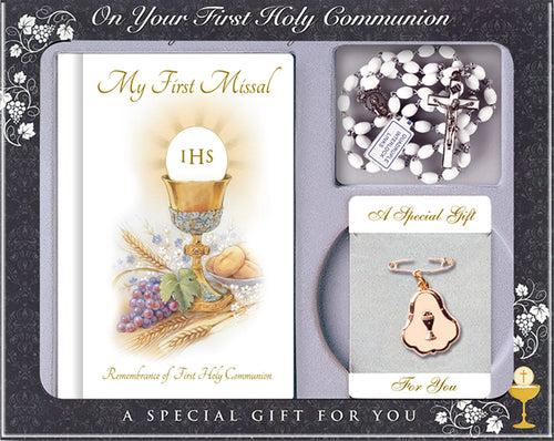 First Holy Communion Gift Set with Brooch & White Beads