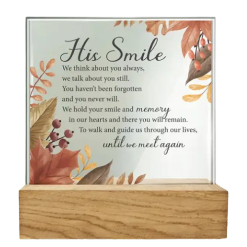 "His Smile" Glass Plaque on Wooden Base